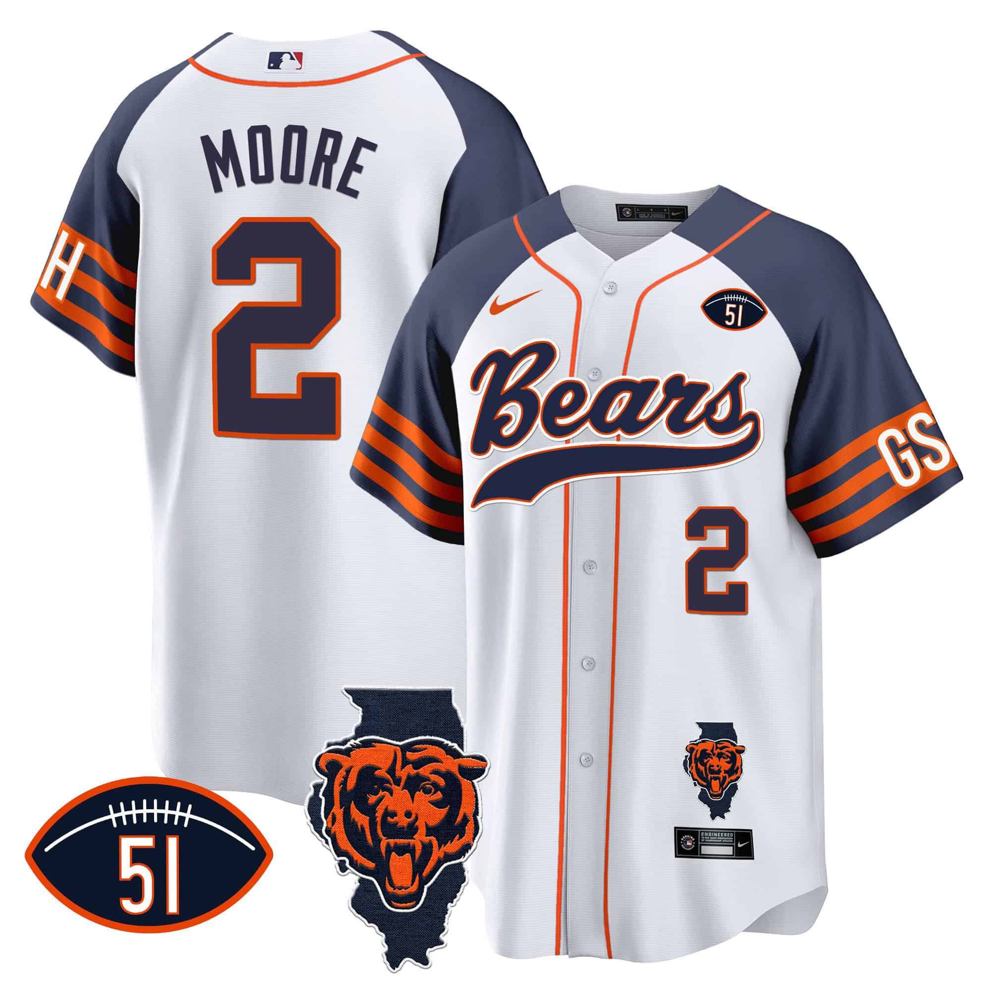 Men Chicago Bears #2 Moore White 2024 Nike Patch Baseball NFL Jersey style 2